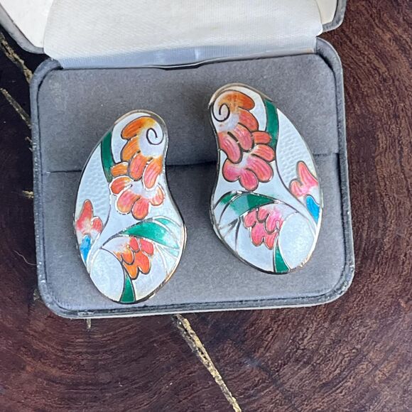 Vintage Cloisonne Earrings Large studs Floral bohemian Jewelry - Picture 1 of 6
